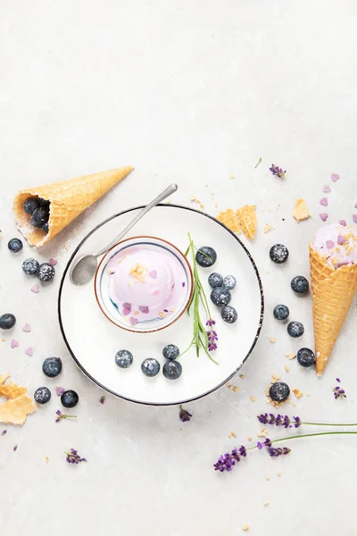 Organic blueberry ice-cream on neutral background. Concept of organic food. Top view, copy space