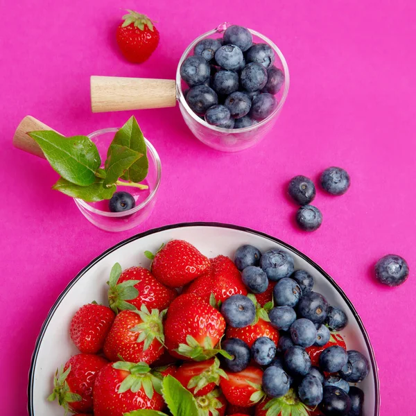 Strawberries Color Background Concept Organic Food Top View — Foto de Stock