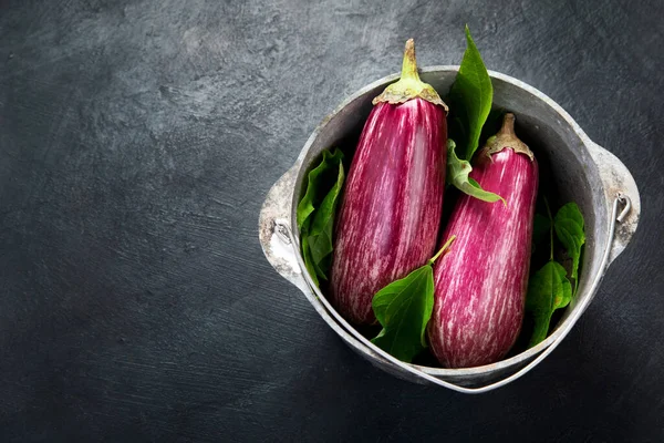 Fresh Aubergine Eggplant Gray Background Popular Component Healthy Diets Top — Stockfoto