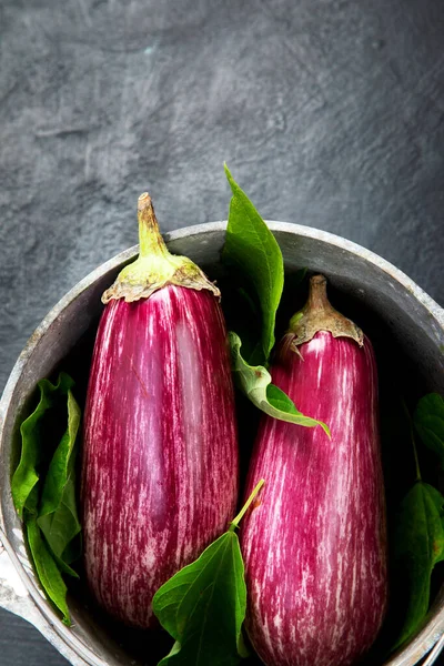 Fresh Aubergine Eggplant Gray Background Popular Component Healthy Diets Top — Stock Photo, Image