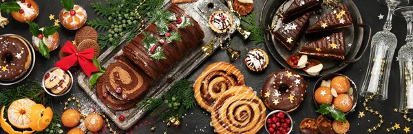Traditional Christmas Dessert Dark Background Holiday Food Top View Copy — Stock Photo, Image