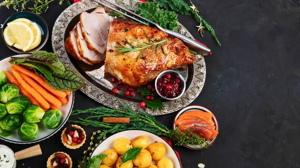 Traditional Christmas Dinner Dark Background Holiday Food Top View Copy — Foto Stock