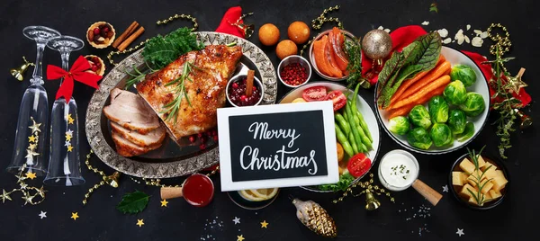 Traditional Christmas Dinner Dark Background Holiday Food Top View Panorama — Foto de Stock