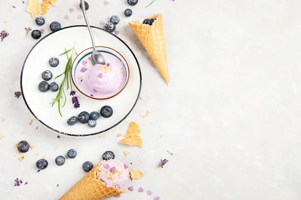 Organic Blueberry Ice Cream Neutral Background Concept Organic Food Top — Stockfoto