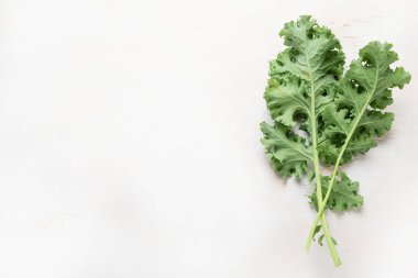 Fresh green curly kale leaves on neutral background. Healthy food ingredients. Top view, copy space