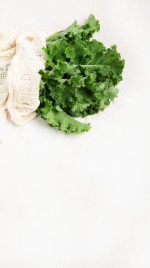 Fresh green curly kale leaves on neutral background. Healthy food ingredients. Top view, copy space