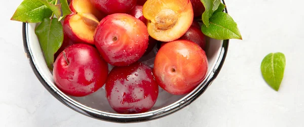 Plums White Plate White Background Top View Panorama — Stock fotografie