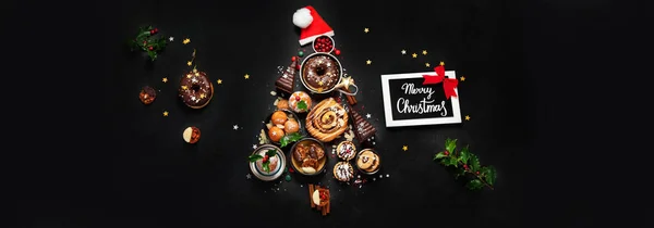 Christmas Tree Sweets Cookies Decoration Dark Background Holiday Food Top — 图库照片