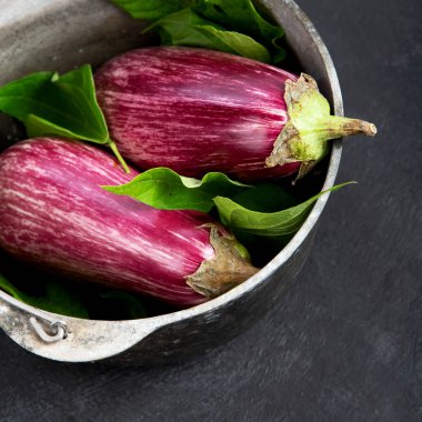 Fresh aubergine eggplant on gray background. Popular component of healthy diets. Top view, copy space