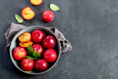 Red plums isolated on dark background. Top view.