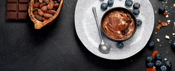 Chocolate Ice Cream Berries Dark Background Top View Copy Space — Stockfoto