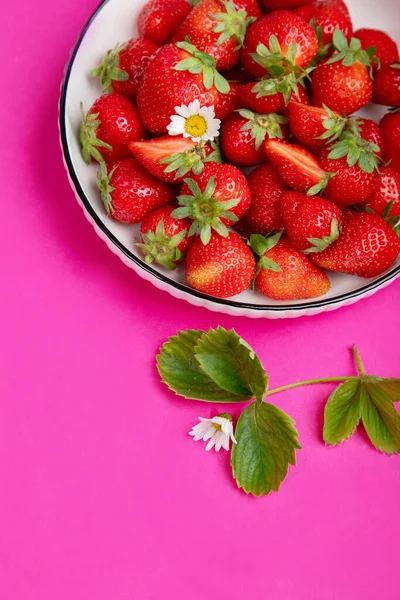 Strawberries Color Background Concept Organic Food Top View Copy Space — Stockfoto