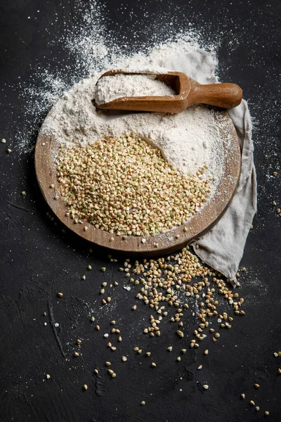 Raw Green Buckwheat Dark Background Food Ingredients Concept Organic Food — Zdjęcie stockowe