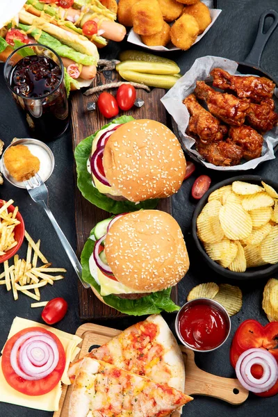 Fast Food Unhealthy Eating Concept Close Fast Food Snacks Cola — Φωτογραφία Αρχείου