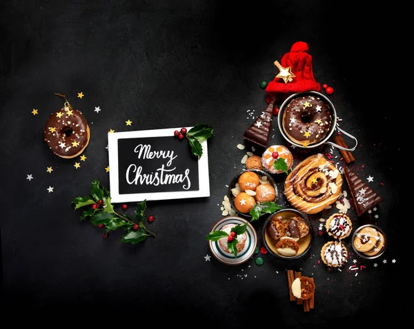 Christmas Tree Sweets Cookies Decoration Dark Background Holiday Food Top — Stok fotoğraf