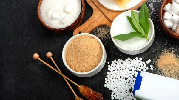 Various Diet Replacement Sugar Dark Background Organic Sweetener Concept Top — Foto de Stock