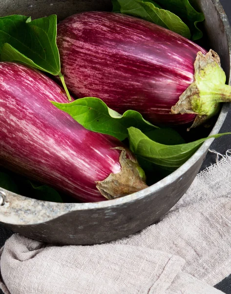 Fresh Aubergine Eggplant Gray Background Popular Component Healthy Diets Top — Stockfoto