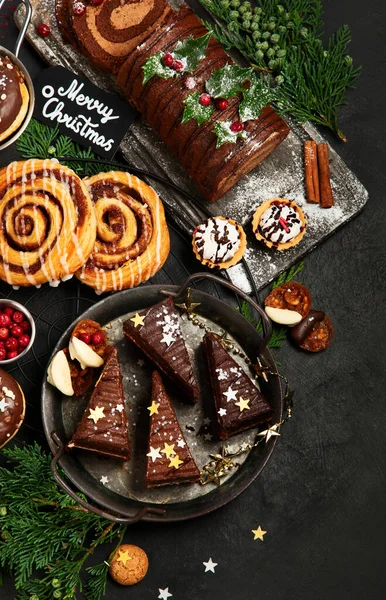 Traditional Christmas Dessert Dark Background Holiday Food Top View Copy — Stockfoto