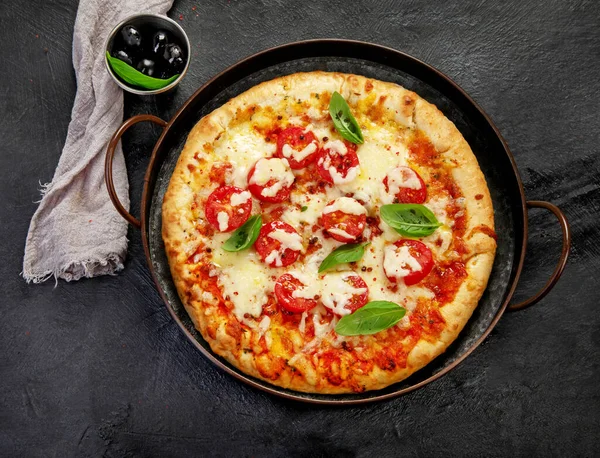 Freshly Baked Pizza Dark Background Tasty Homemade Food Concept Top — Photo