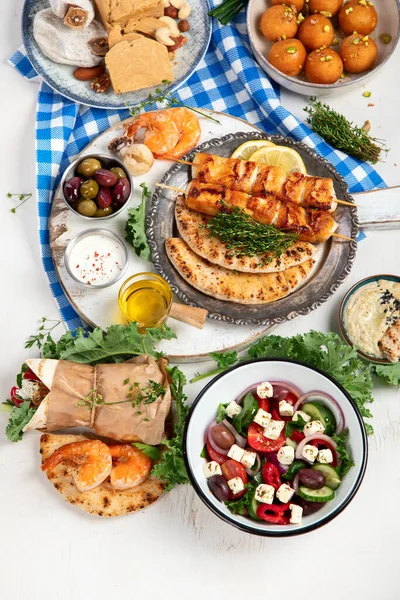 Greek Cuisine Dishes Neutral Background Traditional Food Concept Top View — стокове фото