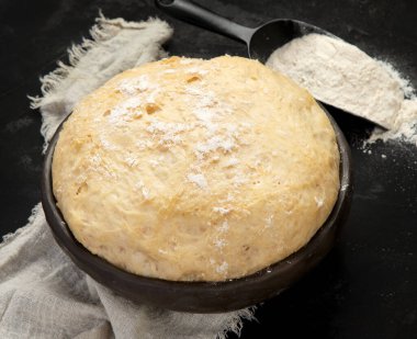 Koyu arkaplanda bir kasede çiğ hamur tatlısı. Ev yapımı biyolojik gıda konsepti. 