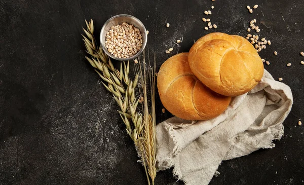 Bread Assortment Dark Background Fresh Homemade Pastry Top View Copy — Foto de Stock