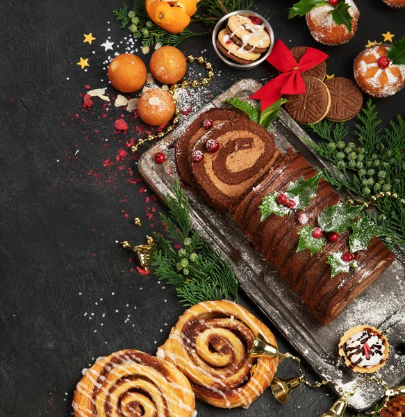 Traditional Christmas Dessert Dark Background Holiday Food Top View Copy — Foto de Stock