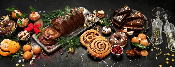 Traditional Christmas Dessert Dark Background Holiday Food Panorama — Stock Photo, Image
