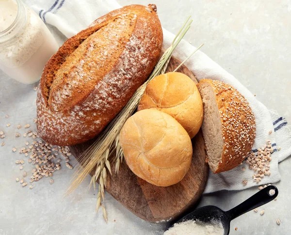 Bread Assortment Neutral Background Fresh Homemade Pastry Top View Copy — Fotografia de Stock