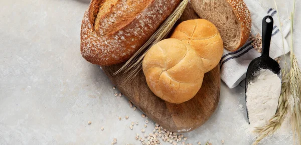 Bread Assortment Neutral Background Fresh Homemade Pastry Top View Copy — Stock Photo, Image