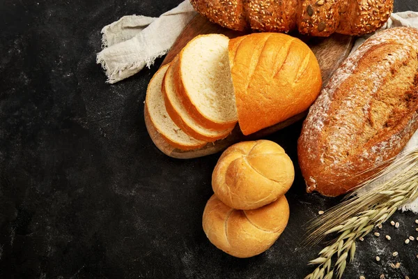 Bread Assortment Dark Background Fresh Homemade Pastry Top View Copy — ストック写真