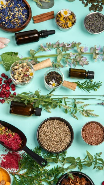 Alternativ Örtmedicin Grön Bakgrund Homeopatisk Blomma Och Örter Botemedel Ovanifrån — Stockfoto