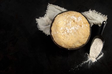 Koyu arkaplanda bir kasede çiğ hamur tatlısı. Ev yapımı biyolojik gıda konsepti. Üst görünüm, alanı kopyala