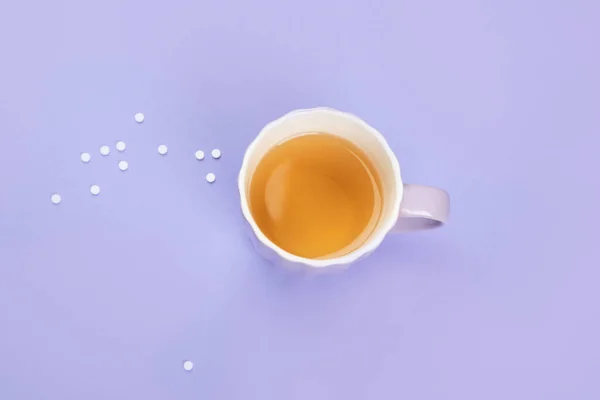 Xícara Chá Com Suagr Substituto Fundo Cor Conceito Alimentação Saudável — Fotografia de Stock