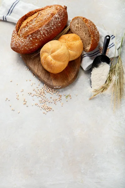 Bread Assortment Neutral Background Fresh Homemade Pastry Top View Copy — Foto de Stock