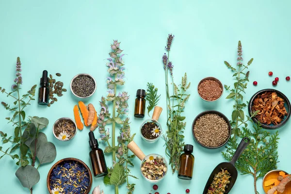 Medicina Herbal Alternativa Fundo Verde Flores Homeopáticas Remédios Ervas Vista — Fotografia de Stock
