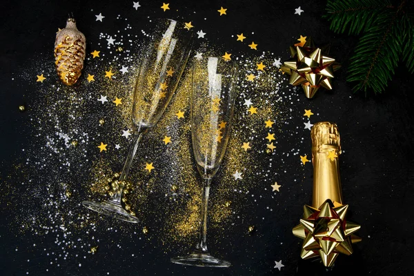 Glass Champagne Bottle Dark Background Traditional Festive Time Drinks Top — Stock Photo, Image