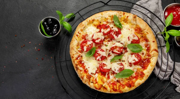 Freshly Baked Pizza Dark Background Tasty Homemade Food Concept Top — Fotografia de Stock
