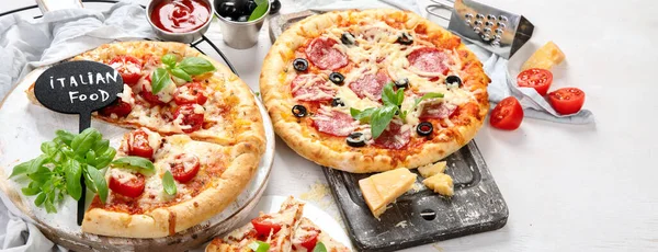 Freshly Baked Pizza Dark Background Tasty Homemade Food Concept Panorama — Stockfoto