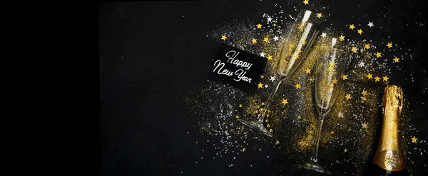 Бокал Шампанского Бутылка Тёмном Фоне Традиционные Праздничные Напитки Вид Сверху — стоковое фото