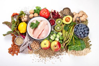 Dengeli beslenme geçmişi. Beslenme, temiz yeme konsepti. Vitaminli ve mineralli diyet planı. Üst görünüm..