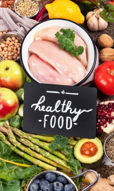 Dengeli beslenme geçmişi. Beslenme, temiz yeme konsepti. Vitaminli ve mineralli diyet planı. Üst görünüm.