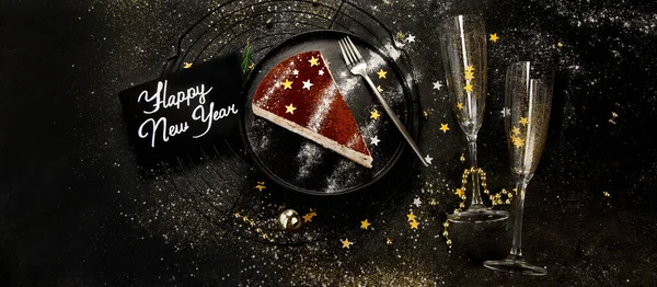 Kersttaart Donkere Achtergrond Traditioneel Dessert Van Feestelijke Tijd Bovenaanzicht Panorama — Stockfoto