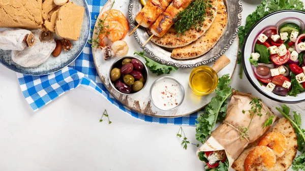 Greek Cuisine Dishes Neutral Background Traditional Food Concept Top View — Stock Photo, Image