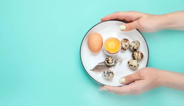 Eieren Gezond Eten Kleur Achtergrond Bovenaanzicht — Stockfoto