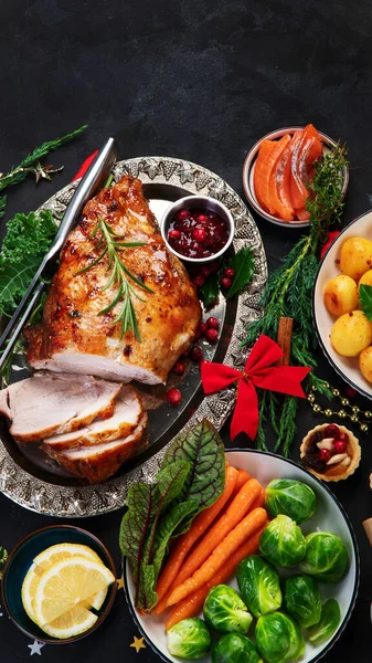 Traditional Christmas Dinner Dark Background Holiday Food Top View Copy — Photo