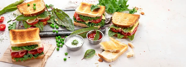 Sandwich Cheese Ham Tomato Fresh Salad Made Whole Wheat Bread — Fotografia de Stock