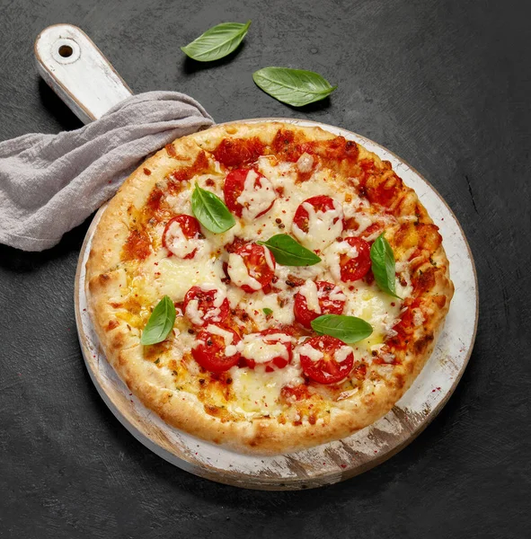 Freshly Baked Pizza Dark Background Tasty Homemade Food Concept Top — Stockfoto