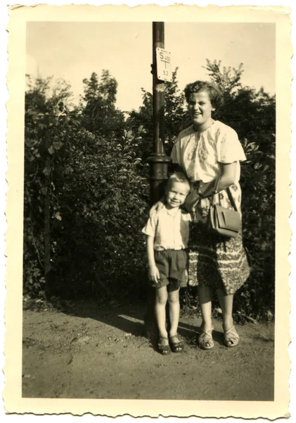 Woman with son posing on the background of bushes — Stock Photo, Image