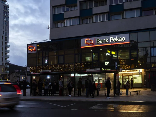 Gdańsk Polska Decamber 2021 Bank Pekao Wieczorem Gdańsku — Zdjęcie stockowe